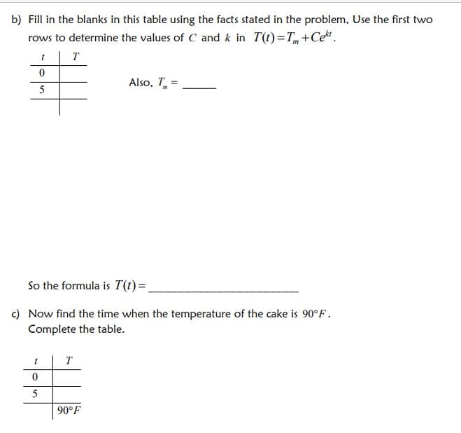 b) Fill in the blanks in this table using the facts stated in the problem, Use the first two
rows to determine the values of C and k in T(t)=T +Ce.
半
Also, T_ =
5
So the formula is T(1)=.
c) Now find the time when the temperature of the cake is 90°F.
Complete the table.
T
5
90°F
