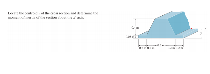 Locate the centroid ỹ of the cross section and determine the
moment of inertia of the section about the x' axis.
0.4 m
0.05 m
0.3 m--
'0.2 m'0.2 m'
'0.2 m'0.2 m'
