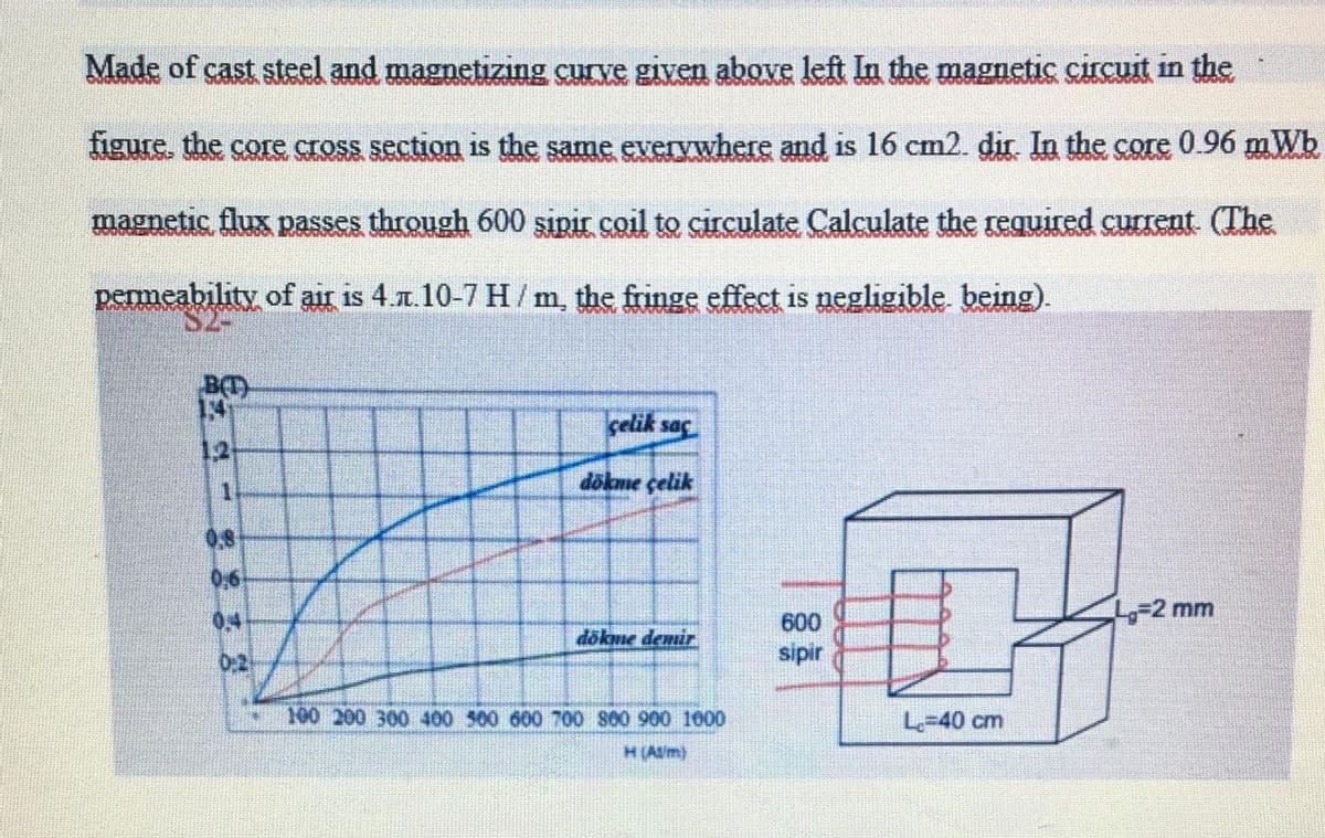 Made of cast steel and magnetizing curve given above left In the magnetic circuit in the
figure, the core cross section is the same everywhere and is 16 cm2. dir. In the core 0.96 mWb
magnetic flux passes through 600 sipir coil to circulate Calculate the required current (The
permeability of air is 4.t.10-7 H/m, the fringe effect is negligible. being).
B
14
çelik saç
12
1.
dökme çelik
0,8
0,6
04
-2 mm
600
dökme demir
0:2
sipir
100 200 300 400 500 600 700 800 900 1000
L-40 cm
H(Alm)
