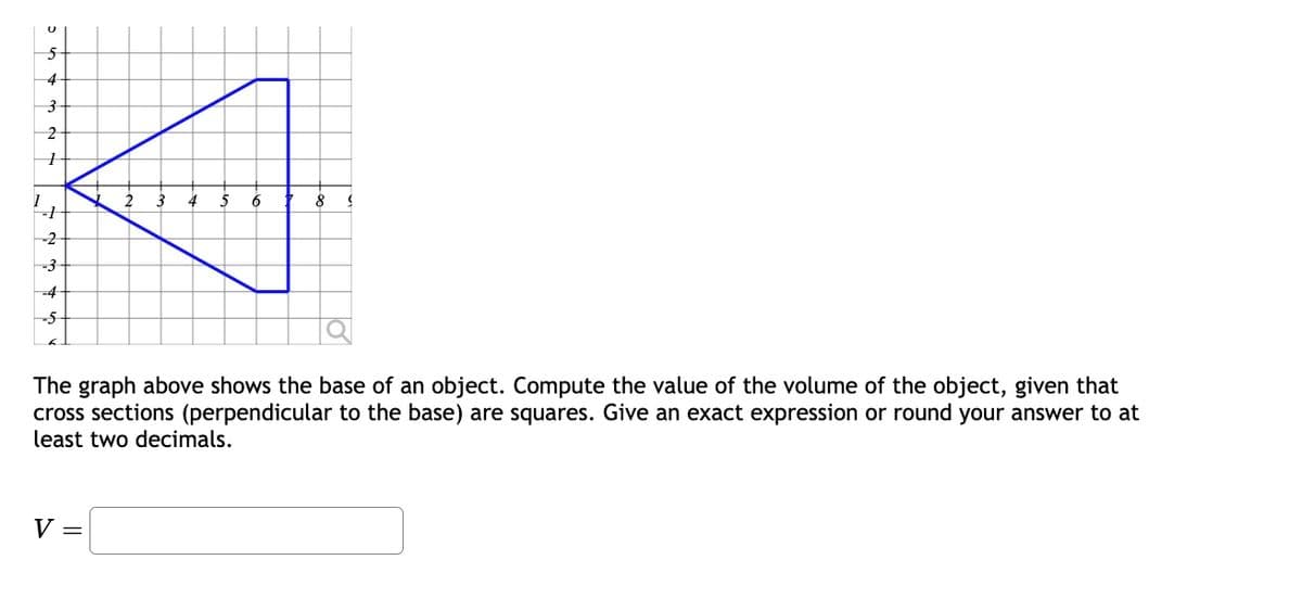 U
5
4
3
2
1
-2
-3
-4
6
V =
8 (
The graph above shows the base of an object. Compute the value of the volume of the object, given that
cross sections (perpendicular to the base) are squares. Give an exact expression or round your answer to at
least two decimals.