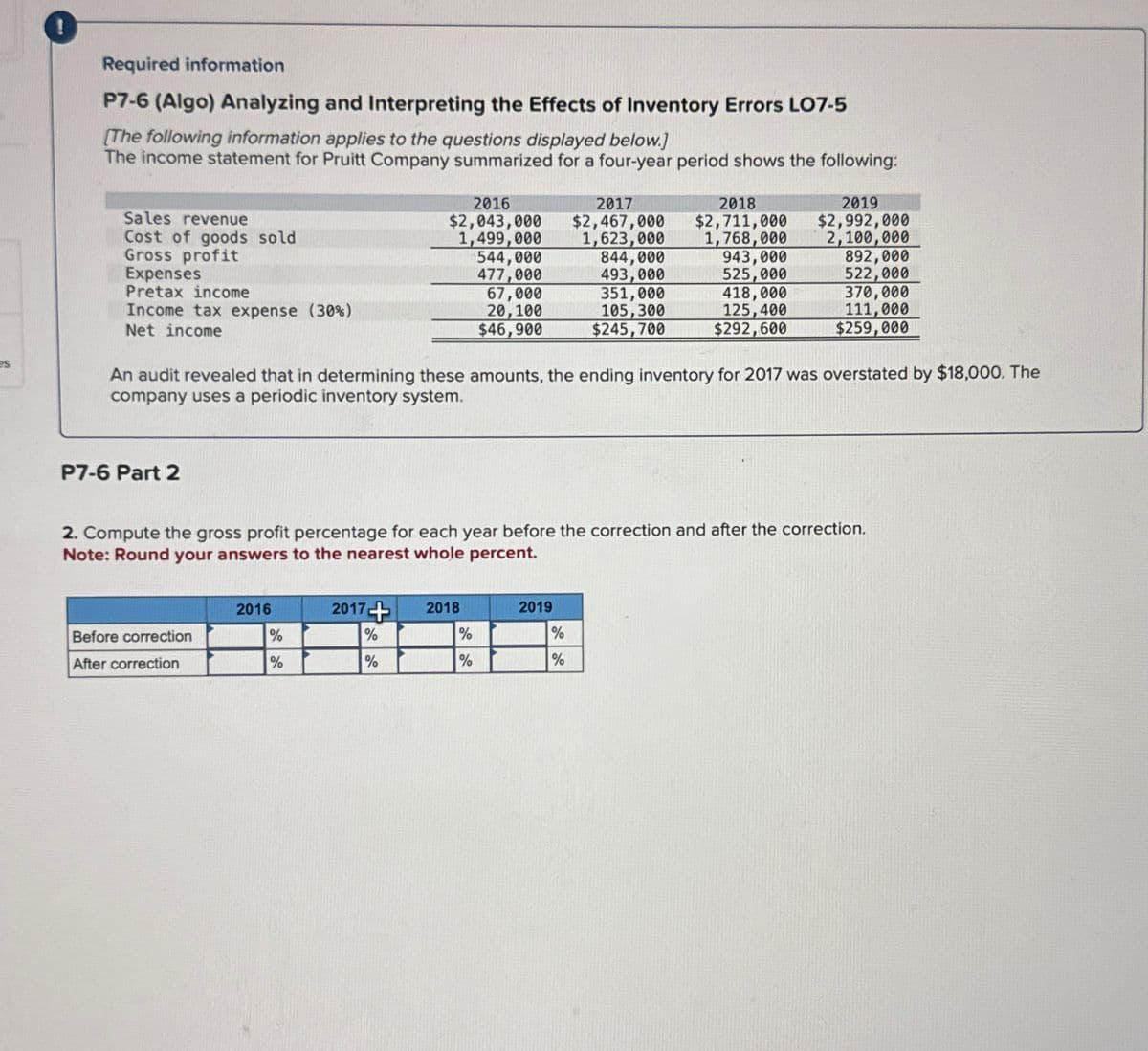 es
Required information
P7-6 (Algo) Analyzing and Interpreting the Effects of Inventory Errors LO7-5
[The following information applies to the questions displayed below.]
The income statement for Pruitt Company summarized for a four-year period shows the following:
Sales revenue
Cost of goods sold
Gross profit
Expenses
Pretax income
Income tax expense (30%)
Net income
2016
$2,043,000
2017
$2,467,000
2018
$2,711,000
2019
$2,992,000
1,499,000
1,623,000
1,768,000
2,100,000
544,000
844,000
943,000
892,000
477,000
493,000
525,000
522,000
67,000
351,000
418,000
370,000
20,100
105,300
125,400
111,000
$46,900
$245,700
$292,600
$259,000
An audit revealed that in determining these amounts, the ending inventory for 2017 was overstated by $18,000. The
company uses a periodic inventory system.
P7-6 Part 2
2. Compute the gross profit percentage for each year before the correction and after the correction.
Note: Round your answers to the nearest whole percent.
2016
2017+
2018
2019
Before correction
%
%
%
%
After correction
%
%
%
%