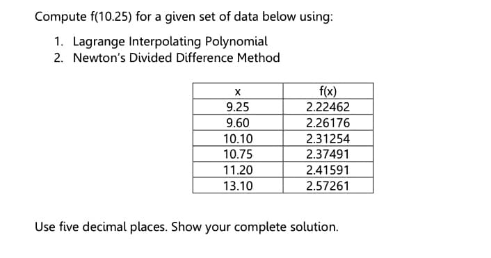 Compute f(10.25) for a given set of data below using:
1. Lagrange Interpolating Polynomial
2. Newton's Divided Difference Method
f(x)
2.22462
9.25
9.60
2.26176
10.10
2.31254
10.75
2.37491
11.20
2.41591
13.10
2.57261
Use five decimal places. Show your complete solution.
