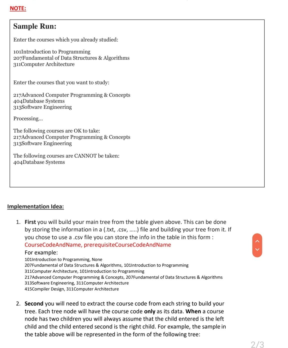 NOTE:
Sample Run:
Enter the courses which you already studied:
101Introduction to Programming
207Fundamental of Data Structures & Algorithms
311Computer Architecture
Enter the courses that you want to study:
217Advanced Computer Programming & Concepts
404Database Systems
313Software Engineering
Processing...
The following courses are OK to take:
217Advanced Computer Programming & Concepts
313Software Engineering
The following courses are CANNOT be taken:
404Database Systems
Implementation Idea:
1. First you will build your main tree from the table given above. This can be done
by storing the information in a (.txt, .csv, ..) file and building your tree from it. If
you chose to use a .csv file you can store the info in the table in this form :
CourseCodeAndName, prerequisiteCourseCodeAndName
For example:
101Introduction to Programming, None
207Fundamental of Data Structures & Algorithms, 101lntroduction to Programming
311Computer Architecture, 101Introduction to Programming
217Advanced Computer Programming & Concepts, 207Fundamental of Data Structures & Algorithms
313Software Engineering, 311Computer Architecture
415Compiler Design, 311Computer Architecture
2. Second you will need to extract the course code from each string to build your
tree. Each tree node will have the course code only as its data. When a course
node has two children you will always assume that the child entered is the left
child and the child entered second is the right child. For example, the sample in
the table above will be represented in the form of the following tree:
2/3
