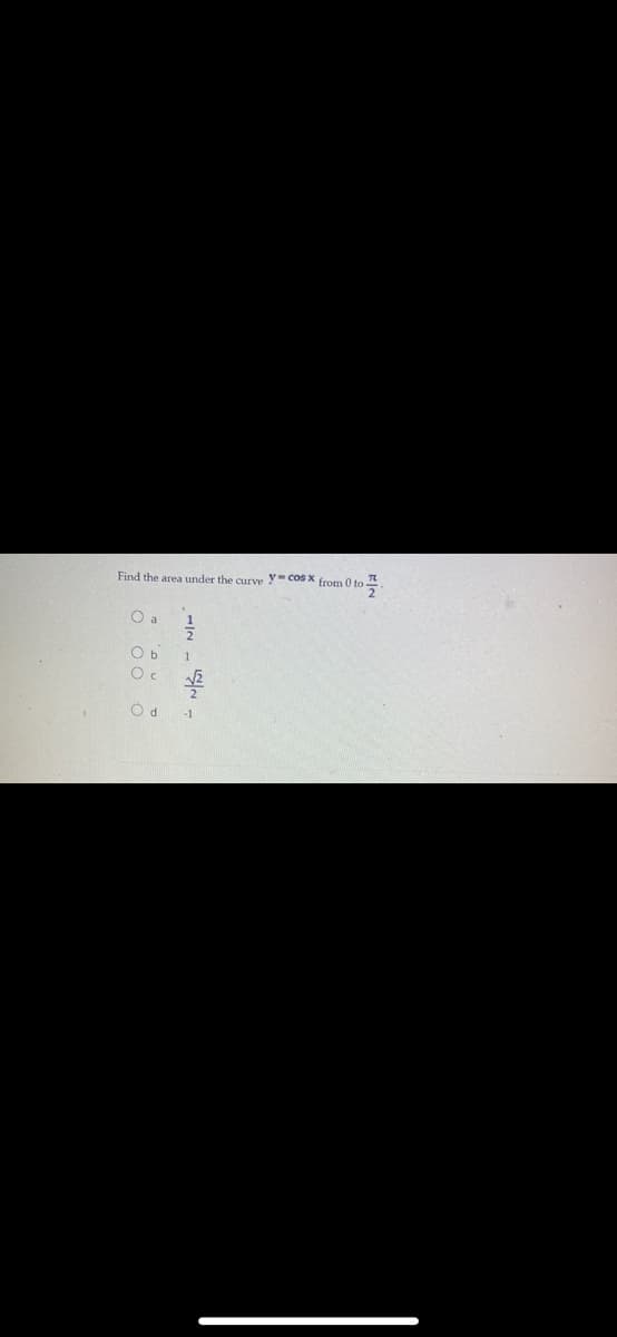 Find the area under the curve y- cos x from te
O a
-1
