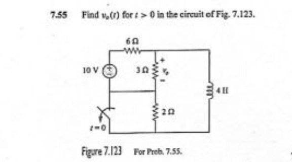 7.55
Find v.r) for t > 0 in the circuit of Fig. 7.123.
10 V
4 H
Figure 7.123 For Preb. 7.55.
