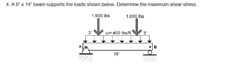 4. A 6" x 14" beam supports the loads shown below. Determine the maximum shear stress.
1,000 lbs
1,000 lbs
3'
w=400 lbs/ft
3'
B
16'