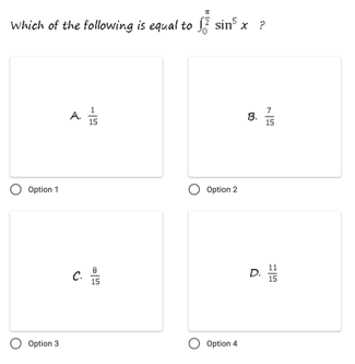 which of the following is equal to sin x ?
A
15
8.
15
Option 1
Option 2
c.
D.
Option 3
Option 4
