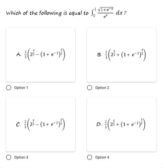 V1+e
Which of the following is equal to Vitr
dx ?
A.
8.
Option 1
Option 2
C.
D.
O Option 3
Option 4
