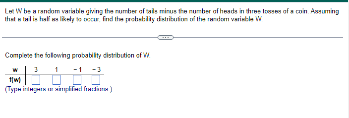 Let W be a random variable giving the number of tails minus the number of heads in three tosses of a coin. Assuming
that a tail is half as likely to occur, find the probability distribution of the random variable W.
Complete the following probability distribution of W.
W
f(w)
31-1-3
(Type integers or simplified fractions.)