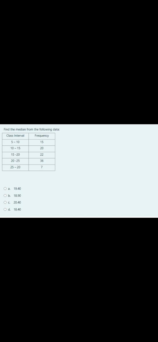 Find the median from the following data:
Class Interval
Frequency
5- 10
15
10 - 15
20
15 -20
22
20-25
36
25 - 20
7
O a. 19.40
O b. 18.90
O. 20.40
O d. 18.40
