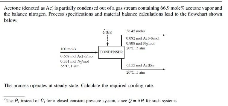 Acetone (denoted as Ac) is partially condensed out of a gas stream containing 66.9 mole% acetone vapor and
the balance nitrogen. Process specifications and material balance calculations lead to the flowchart shown
below.
ė(J/s)
100 mol/s
CONDENSER
0.669 mol Ac(v)/mol
0.331 mol N₂/mol
65°C, 1 atm
36.45 mol/s
0.092 mol Ac(v)/mol
0.908 mol N₂/mol
20°C, 5 atm
63.55 mol Ac(I)/s
20°C, 5 atm
The process operates at steady state. Calculate the required cooling rate.
² Use Ĥ; instead of Û; for a closed constant-pressure system, since Q = AH for such systems.