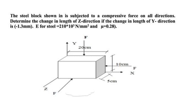 The steel block shown in is subjected to a compressive force on all directions.
Determine the change in length of Z-direction if the change in length of Y- direction
is (-1.3mm). E for steel =210*10' N/mm2 and u=0.28).
F
20cm
10cm
F
Scm
