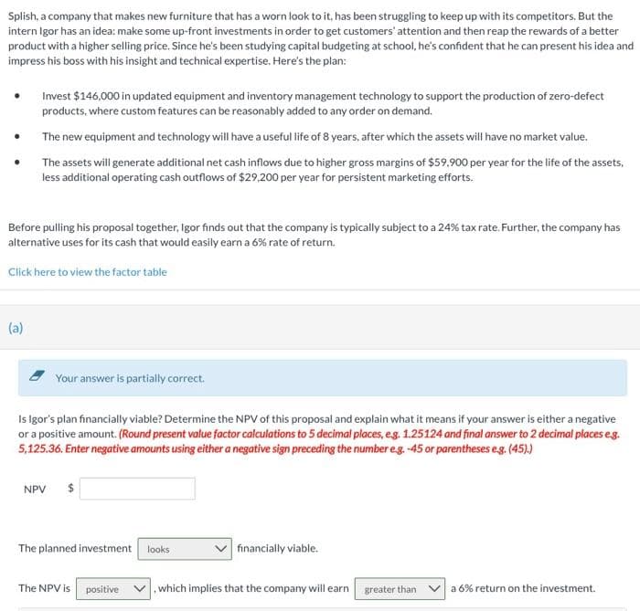 Splish, a company that makes new furniture that has a worn look to it, has been struggling to keep up with its competitors. But the
intern Igor has an idea: make some up-front investments in order to get customers' attention and then reap the rewards of a better
product with a higher selling price. Since he's been studying capital budgeting at school, he's confident that he can present his idea and
impress his boss with his insight and technical expertise. Here's the plan:
Invest $146,000 in updated equipment and inventory management technology to support the production of zero-defect
products, where custom features can be reasonably added to any order on demand.
(a)
The new equipment and technology will have a useful life of 8 years, after which the assets will have no market value.
The assets will generate additional net cash inflows due to higher gross margins of $59,900 per year for the life of the assets,
less additional operating cash outflows of $29,200 per year for persistent marketing efforts.
Before pulling his proposal together, Igor finds out that the company is typically subject to a 24% tax rate. Further, the company has
alternative uses for its cash that would easily earn a 6% rate of return.
Click here to view the factor table
Your answer is partially correct.
Is Igor's plan financially viable? Determine the NPV of this proposal and explain what it means if your answer is either a negative
or a positive amount. (Round present value factor calculations to 5 decimal places, e.g. 1.25124 and final answer to 2 decimal places e.g.
5,125.36. Enter negative amounts using either a negative sign preceding the number e.g. -45 or parentheses e.g. (45).)
NPV $
The planned investment looks
The NPV is positive
financially viable.
which implies that the company will earn
greater than
a 6% return on the investment.