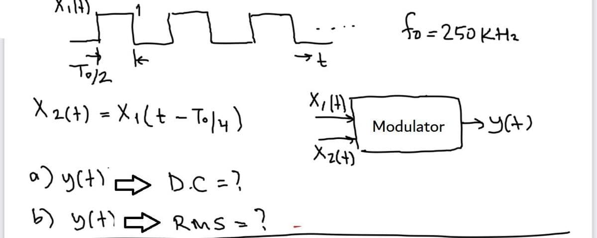 X₁ (7)
+
Тоја
X 2(t) = x₁(t - To|4)
k
a) y(t) = D.C = ?
b) y(t) ➡ RMS = ?
=
t
X, (+)
Xz(+)
fo=250 KH₂
Modulator sy(+)