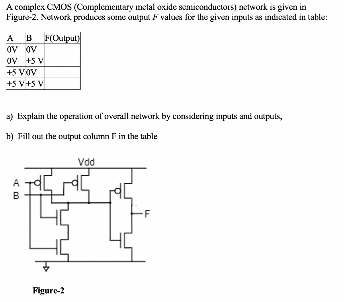 A complex CMOS (Complementary metal oxide semiconductors) network is given in
Figure-2. Network produces some output F values for the given inputs as indicated in table:
|F(Output)
A
OV oV
ov +5 V
+5 VOV
+5 V+5 V
a) Explain the operation of overall network by considering inputs and outputs,
b) Fill out the output column F in the table
Vdd
A
В
Figure-2
