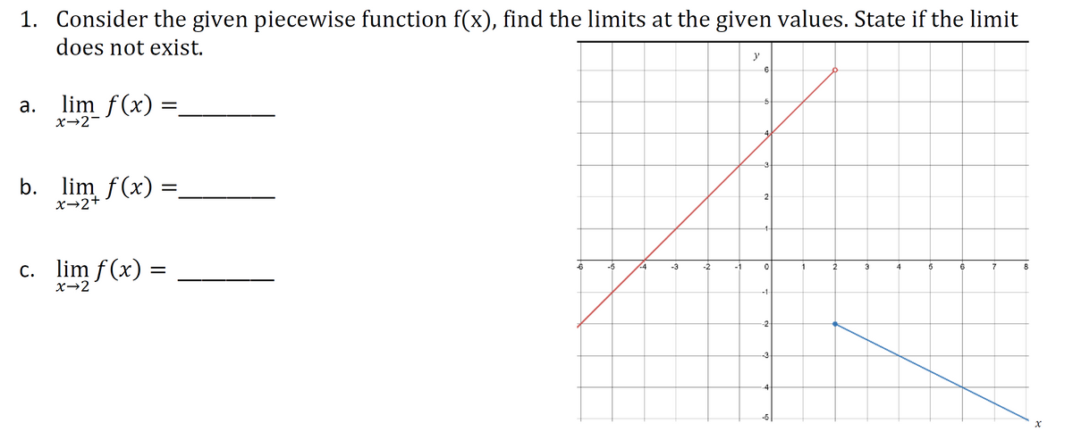 1. Consider the given piecewise function \( f(x) \), find the limits at the given values. State if the limit does not exist.

a. \(\lim_{{x \to 2^-}} f(x) = \underline{\ \ \ \ \ \ }\)

b. \(\lim_{{x \to 2^+}} f(x) = \underline{\ \ \ \ \ \ }\)

c. \(\lim_{{x \to 2}} f(x) = \underline{\ \ \ \ \ \ }\)

**Graph Description:**

The graph depicts a piecewise function with two linear segments:

- The first segment (depicted in red) is a line with a positive slope. It originates below the y-axis and extends upward to the point \((2, 6)\), where there is an open circle, indicating that the point is not included in the segment.
  
- The second segment (depicted in blue) is a line with a negative slope. It starts at the point \((2, -2)\) with a closed circle, signifying inclusion, and extends downward and to the right.

This piecewise graph suggests different behavior of \( f(x) \) as \( x \) approaches 2 from the left and from the right.