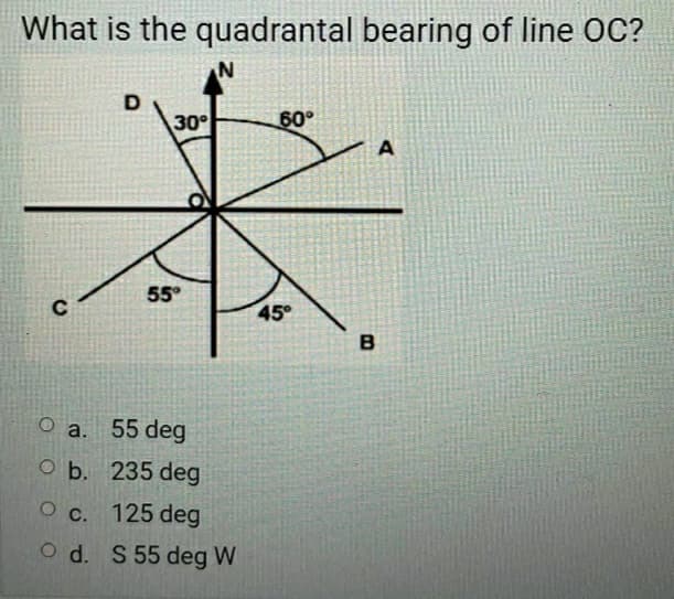 What is the quadrantal bearing of line OC?
D
30°
60°
A
55°
45
B
O a. 55 deg
оь. 235 deg
O c. 125 deg
O d. S 55 deg W
