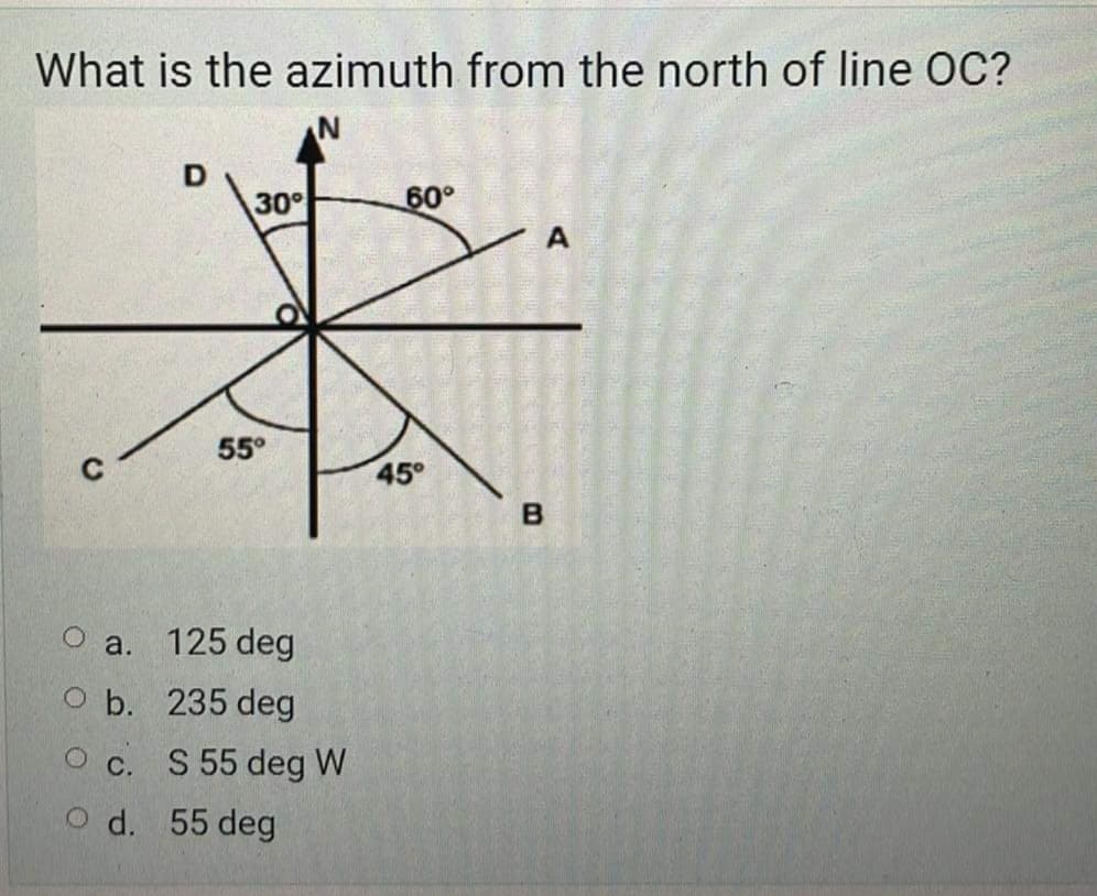 What is the azimuth from the north of line OC?
30
60°
55°
45°
a.
125 deg
O b. 235 deg
O c. S 55 deg W
O d. 55 deg
