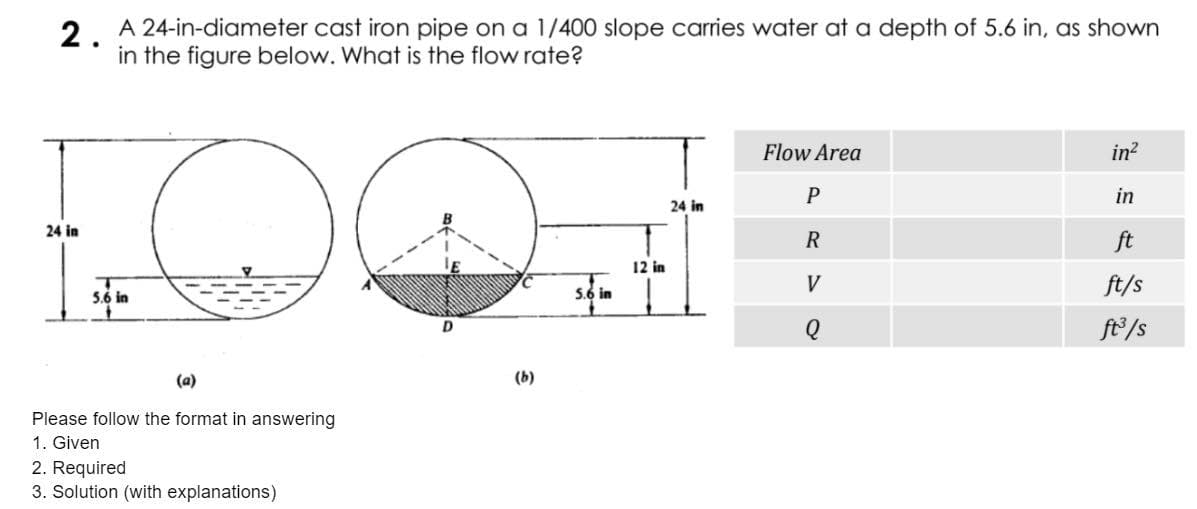 2 A 24-in-diameter cast iron pipe on a 1/400 slope carries water at a depth of 5.6 in, as shown
in the figure below. What is the flow rate?
Flow Area
in?
P
in
24 in
24 in
R
ft
12 in
5.6 in
V
ft/s
5.6 in
ft/s
(a)
(b)
Please follow the format in answering
1. Given
2. Required
3. Solution (with explanations)
