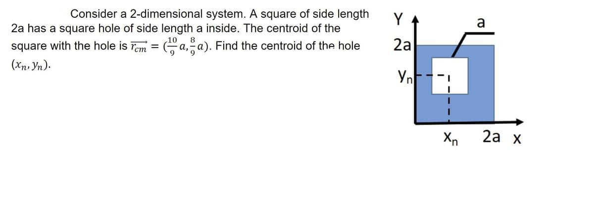 Consider a 2-dimensional system. A square of side length
2a has a square hole of side length a inside. The centroid of the
with the hole is rcm
square
(Xn, Yn).
=
10 8
a, a). Find the centroid of the hole
Y
2a
Yn
Xn
a
2a x