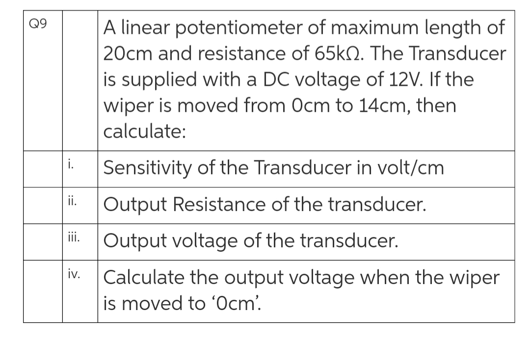 A linear potentiometer of maximum length of
20cm and resistance of 65KO. The Transducer
is supplied with a DC voltage of 12V. If the
wiper is moved from Ocm to 14cm, then
calculate:
Sensitivity of the Transducer in volt/cm
i.
ii.
Output Resistance of the transducer.
ii.
Output voltage of the transducer.
iv.
Calculate the output voltage when the wiper
is moved to 'Ocm'.
