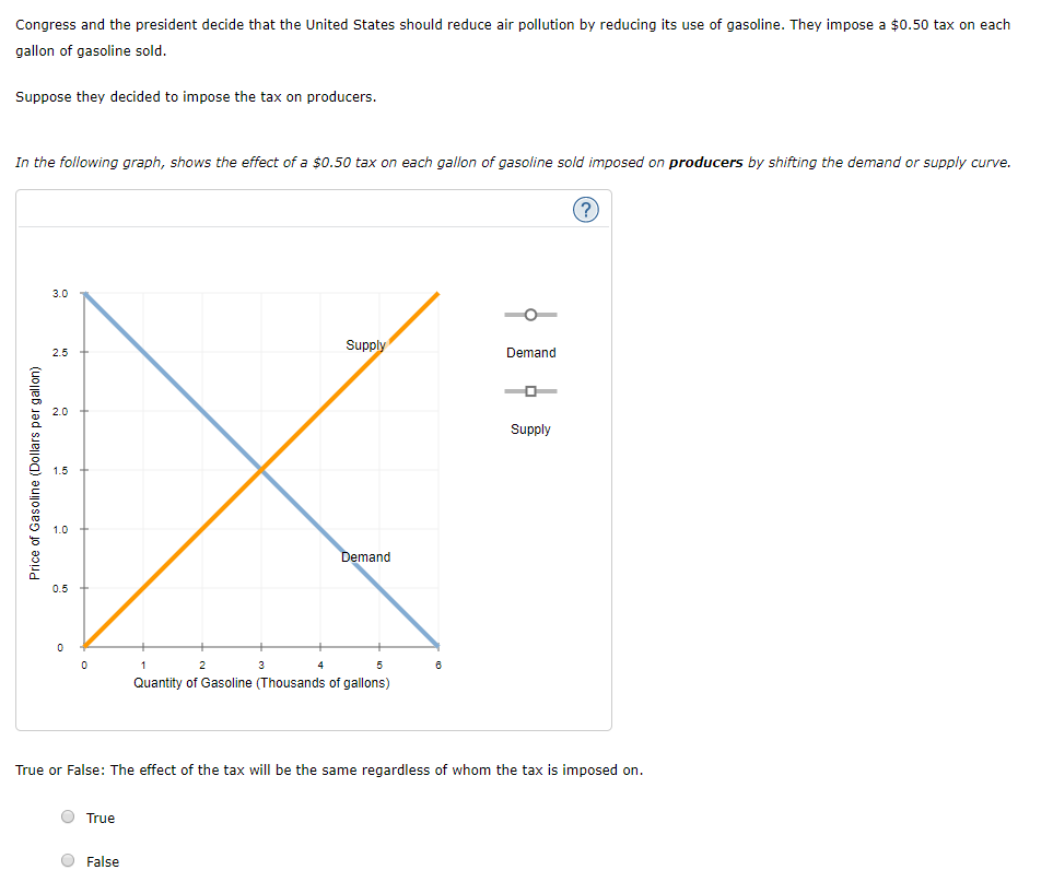 Congress and the president decide that the United States should reduce air pollution by reducing its use of gasoline. They impose a $0.50 tax on each
gallon of gasoline sold.
Suppose they decided to impose the tax on producers.
In the following graph, shows the effect of a $0.50 tax on each gallon of gasoline sold imposed on producers by shifting the demand or supply curve.
Price of Gasoline (Dollars per gallon)
3.0
2.5
0
0
O True
3
False
Supply
Demand
1
2
5
Quantity of Gasoline (Thousands of gallons)
6
Demand
True or False: The effect of the tax will be the same regardless of whom the tax is imposed on.
Supply