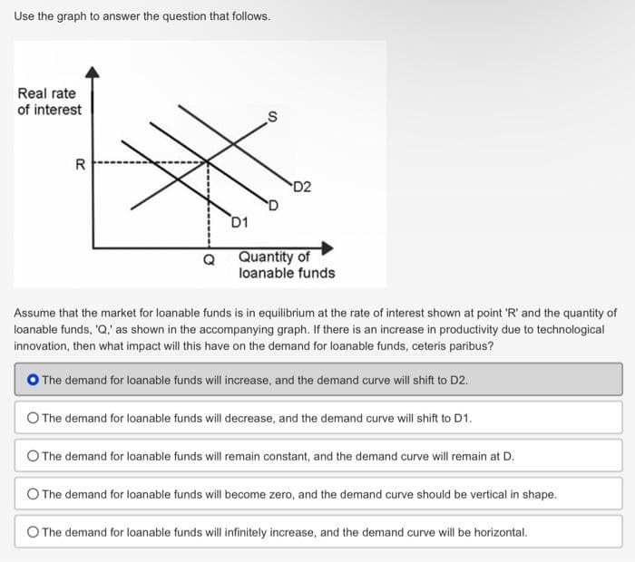 Use the graph to answer the question that follows.
Real rate
of interest
R
200
D1
S
D2
Quantity of
loanable funds
Assume that the market for loanable funds is in equilibrium at the rate of interest shown at point 'R' and the quantity of
loanable funds, 'Q,' as shown in the accompanying graph. If there is an increase in productivity due to technological
innovation, then what impact will this have on the demand for loanable funds, ceteris paribus?
O The demand for loanable funds will increase, and the demand curve will shift to D2.
O The demand for loanable funds will decrease, and the demand curve will shift to D1.
O The demand for loanable funds will remain constant, and the demand curve will remain at D.
The demand for loanable funds will become zero, and the demand curve should be vertical in shape.
The demand for loanable funds will infinitely increase, and the demand curve will be horizontal.