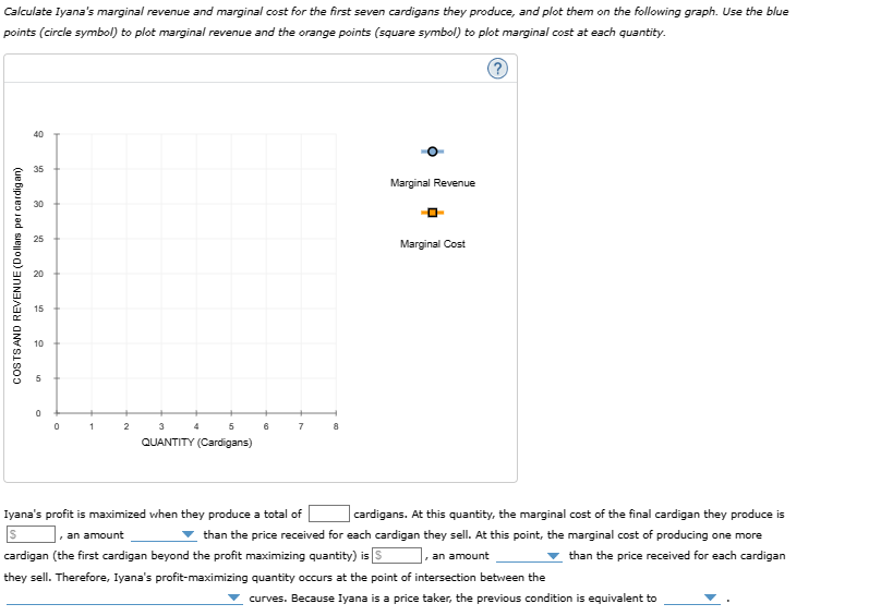 Calculate
Iyana's marginal revenue and marginal cost for the first seven cardigans they produce, and plot them on the following graph. Use the blue
points (circle symbol) to plot marginal revenue and the orange points (square symbol) to plot marginal cost at each quantity.
COSTS AND REVENUE (Dollars per cardigan)
40
35
30
25
20
15
10
50
0
1
2
4
3
5
QUANTITY (Cardigans)
6
7
8
Marginal Revenue
Marginal Cost
Iyana's profit is maximized when they produce a total of
cardigans. At this quantity, the marginal cost of the final cardigan they produce is
, an amount
than the price received for each cardigan they sell. At this point, the marginal cost of producing one more
cardigan (the first cardigan beyond the profit maximizing quantity) is S
an amount
than the price received for each cardigan
they sell. Therefore, Iyana's profit-maximizing quantity occurs at the point of intersection between the
curves. Because Iyana is a price taker, the previous condition is equivalent to