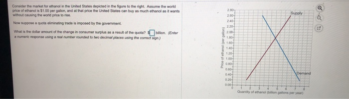 Consider the market for ethanol in the United States depicted in the figure to the right. Assume the world
price of ethanol is $1.00 per gallon, and at that price the United States can buy as much ethanol as it wants
without causing the world price to rise.
Now suppose a quota eliminating trade is imposed by the government.
What is the dollar amount of the change in consumer surplus as a result of the quota?
a numeric response using a real number rounded to two decimal places using the correct sign)
billion. (Enter
Price of ethanol (per gallon)
2.80
2.60
2.40-
2.20-
2.00-
1.80
1.60
1.40
1.20
1.00-
0.80-
0.60-
0.40
0.20
0.00+
Supply
Demand
Quantity of ethanol (billion gallons per year)
GOO