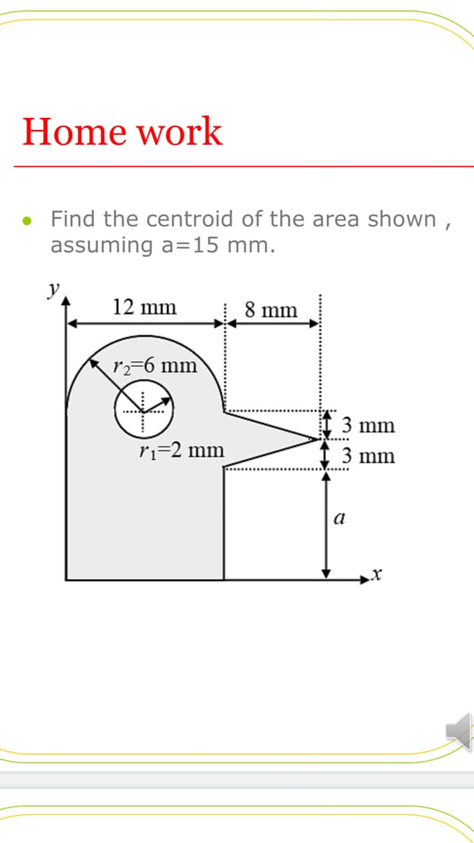 Home work
• Find the centroid of the area shown ,
assuming a=15 mm.
y
12 mm
| 8 mm
r2=6 mm
...
3 mm
ri=2 mm
3 mm
a
