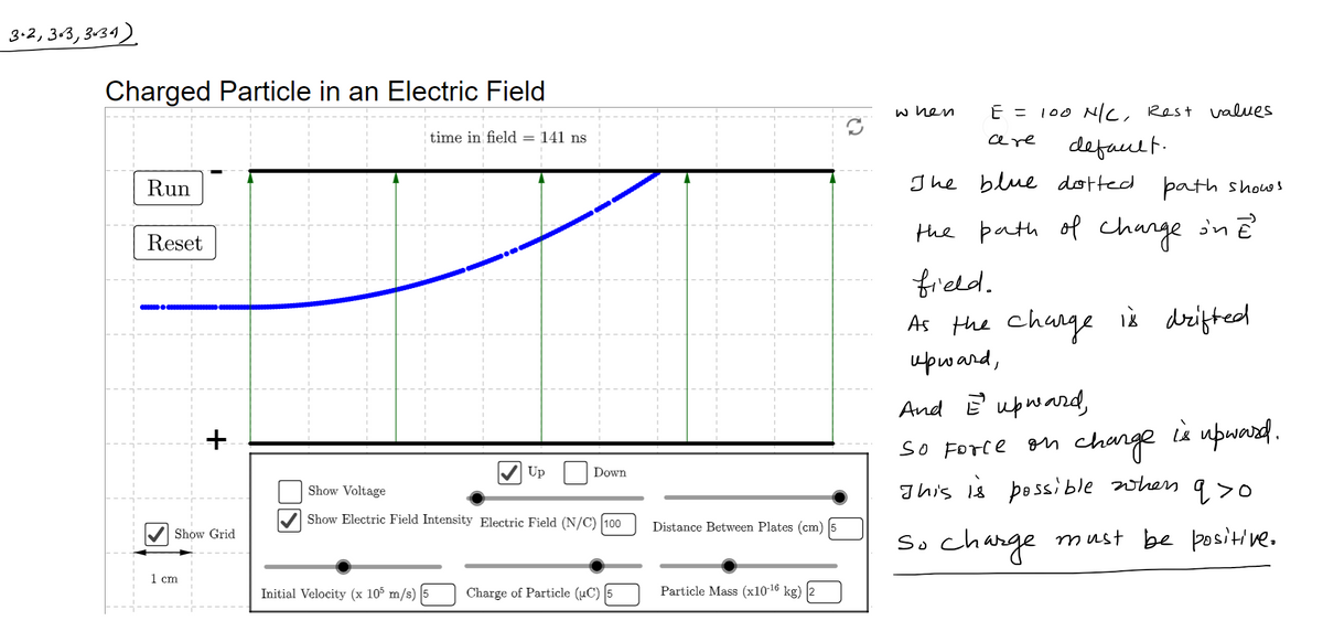 3.2, 3-3, 3-34)
Charged Particle in an Electric Field
w hen
E = 100 Nlc, Rest values
time in field = 141 ns
are
default.
Jhe blue dotted þath shows
Run
the path of change in ?
Reset
freld.
As the charge à drifted
upward,
And E upward,
SO Forre on change ià upward.
Ihis 1s pessible when
q>o
Up
Down
Show Voltage
V Show Electric Field Intensity Electric Field (N/C) 100
Distance Between Plates (cm) 5
s. change
must be positive.
V Show Grid
So
1 cm
Initial Velocity (x 10% m/s)
Charge of Particle (uC) 5
Particle Mass (x1016 kg) |2
