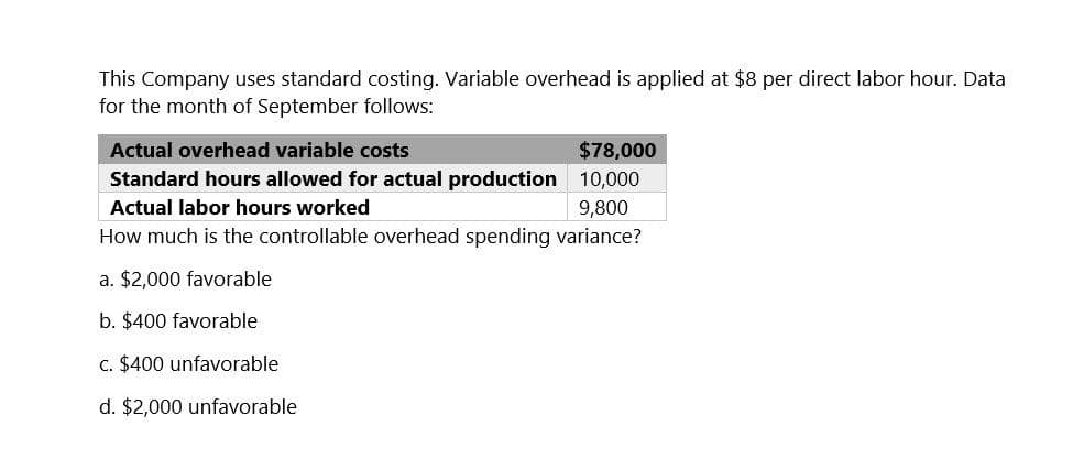 This Company uses standard costing. Variable overhead is applied at $8 per direct labor hour. Data
for the month of September follows:
Actual overhead variable costs
$78,000
Standard hours allowed for actual production 10,000
Actual labor hours worked
9,800
How much is the controllable overhead spending variance?
a. $2,000 favorable
b. $400 favorable
c. $400 unfavorable
d. $2,000 unfavorable