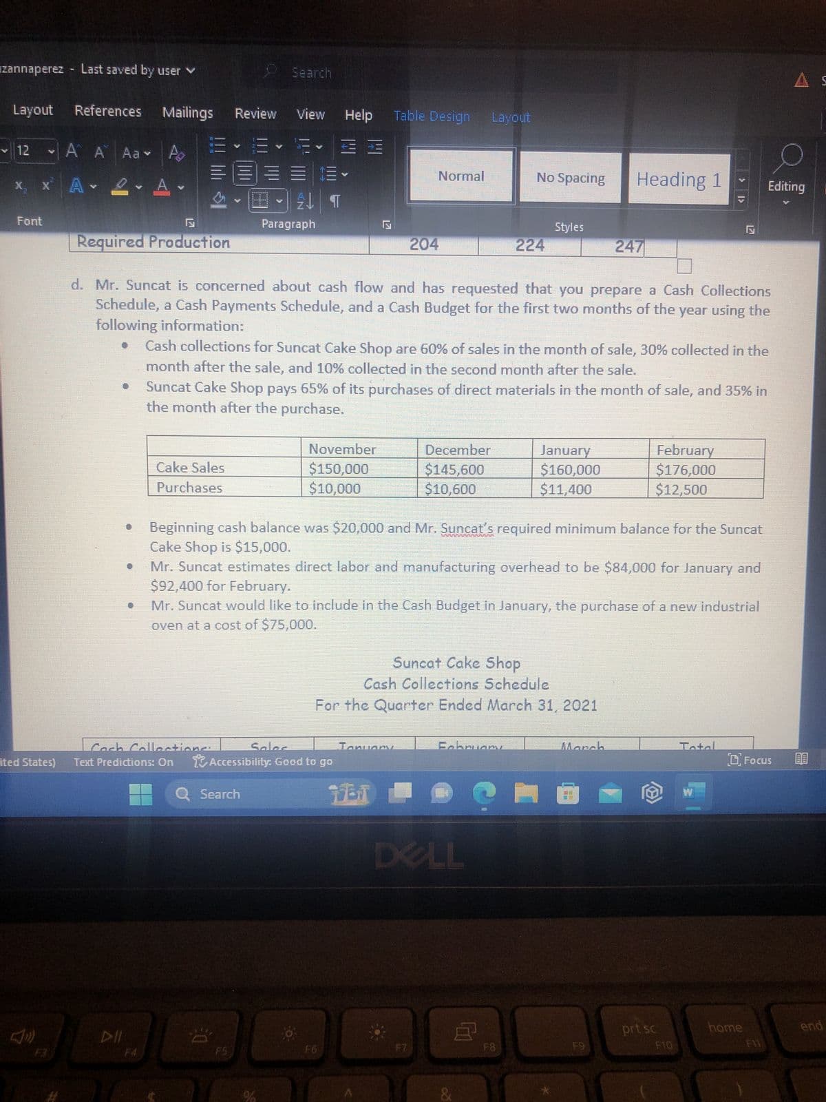 zannaperez - Last saved by user Y
Layout
12 → A A Aa
X A.
X
Font
References
ited States)
Mailings
Cake Sales
Purchases
Review View
13
脚
E - 2 -
==
Paragraph
Cach Collections
Text Predictions: On
Q Search
€0
Help
3 E
Required Production
d. Mr. Suncat is concerned about cash flow and has requested that you prepare a Cash Collections
Schedule, a Cash Payments Schedule, and a Cash Budget for the first two months of the year using the
following information:
F5
Sales
Accessibility: Good to go
November
$150,000
$10,000
Table Design Layout
Cash collections for Suncat Cake Shop are 60% of sales in the month of sale, 30% collected in the
month after the sale, and 10% collected in the second month after the sale.
Suncat Cake Shop pays 65% of its purchases of direct materials in the month of sale, and 35% in
the month after the purchase.
9
Normal
204
1511
AV
Beginning cash balance was $20,000 and Mr. Suncat's required minimum balance for the Suncat
Cake Shop is $15,000.
Mr. Suncat estimates direct labor and manufacturing overhead to be $84,000 for January and
$92,400 for February.
December
$145,600
$10,600
Mr. Suncat would like to include in the Cash Budget in January, the purchase of a new industrial
oven at a cost of $75,000.
•
No Spacing
Suncat Cake Shop
Cash Collections Schedule
For the Quarter Ended March 31, 2021
224
February
Styles
DELL
8
January
$160,000
$11,400
F8
Heading 1
247
Pho
*
March
February
$176,000
$12,500
171
@
prt sc
F10
Tatal
home
Editing
As
Focus
H
end