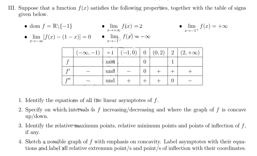 III. Suppose that a function f(x) satisfies the following properties, together with the table of signs
given below.
• dom f = R\{-1}
lim f(x) = 2
●
lim_ f(x) = +∞
x-1+
lim [f(x) (1 x)] = 0
lim f(x) ==∞
I-X
H--1-
+1 (-1,0) 0
2
(2, +∞)
f
und
0
1
f'
und
0
+ +
+
f"
und
+
+ +
0
1. Identify the equations of all the linear asymptotes of f.
2. Specify on which intervals is f increasing/decreasing and where the graph of f is concave
up/down.
3. Identify the relatíve maximum points, relative minimum points and points of inflection of f,
if any.
4. Sketch a possible graph of f with emphasis on concavity. Label asymptotes with their equa-
tions and label all relative extremum point/s and point/s of inflection with their coordinates.
-∞, -1)
●
8+←1
(0, 2)