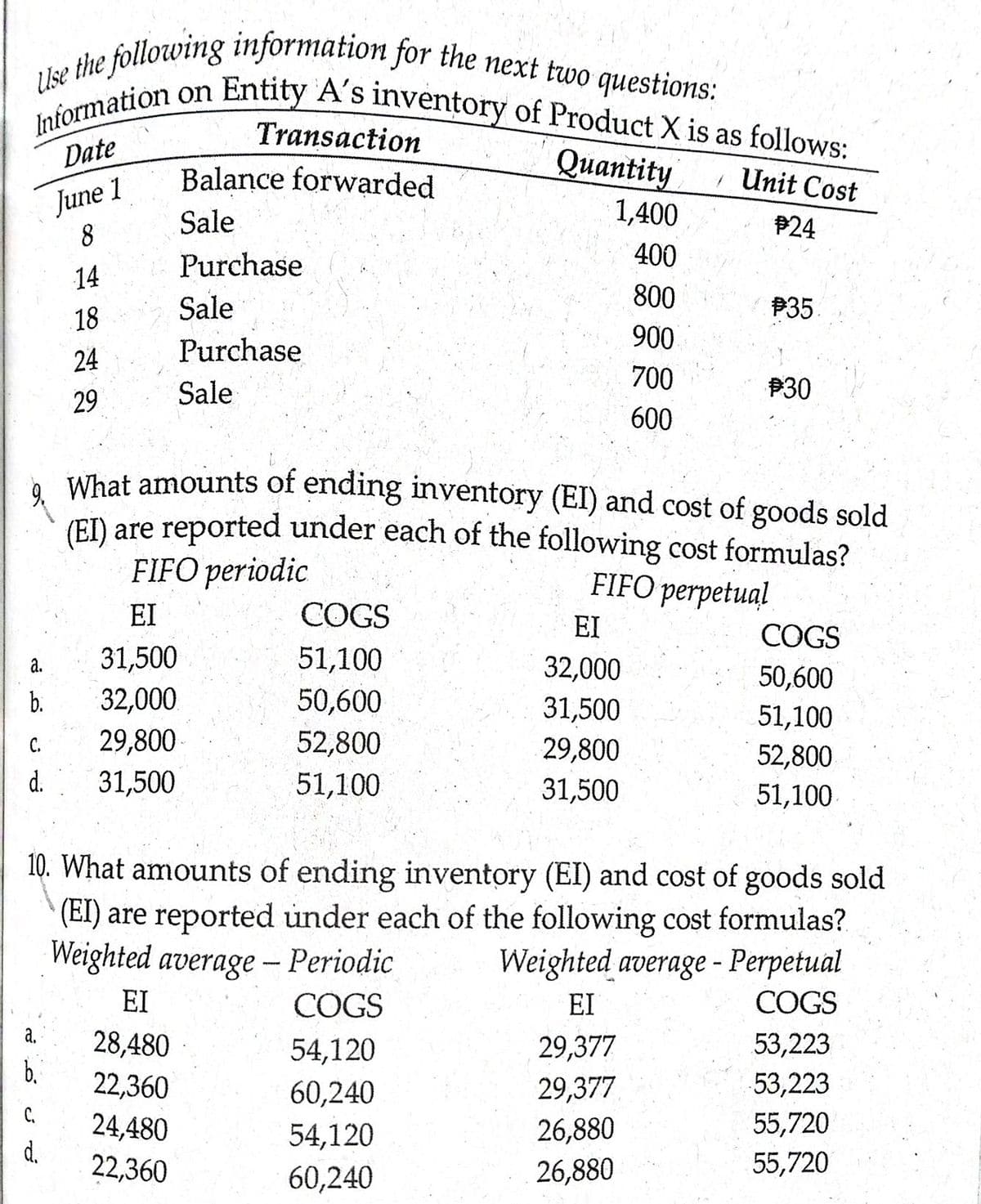 Use the following information for the next two questions:
Information on Entity A's inventory of Product X is as follows:
Entity A's inventory of Product X is as follows:
Information on
Date
Transaction
Quantity
Balance forwarded
, Unit Cost
June 1
8
Sale
1,400
P24
400
Purchase
14
800
18 Sale
Purchase
P35
900
24
Sale
700
P30
29
600
h What amounts of ending inventory (EI) and cost of goods sold
(EI) are reported under each of the following cost formulas?
FIFO periodic
FIFO perpetual
EI
COGS
EI
COGS
31,500
51,100
32,000
a.
50,600
b.
32,000
50,600
31,500
29,800
51,100
C.
29,800
52,800
52,800
d.
31,500
51,100
31,500
51,100
10. What amounts of ending inventory (EI) and cost of goods sold
(EI) are reported under each of the following cost formulas?
Weighted average – Periodic
Weighted average - Perpetual
EI
COGS
EI
COGS
a.
28,480
b.
29,377
53,223
54,120
60,240
22,360
53,223
29,377
26,880
C.
24,480
d.
22,360
54,120
55,720
60,240
26,880
55,720
