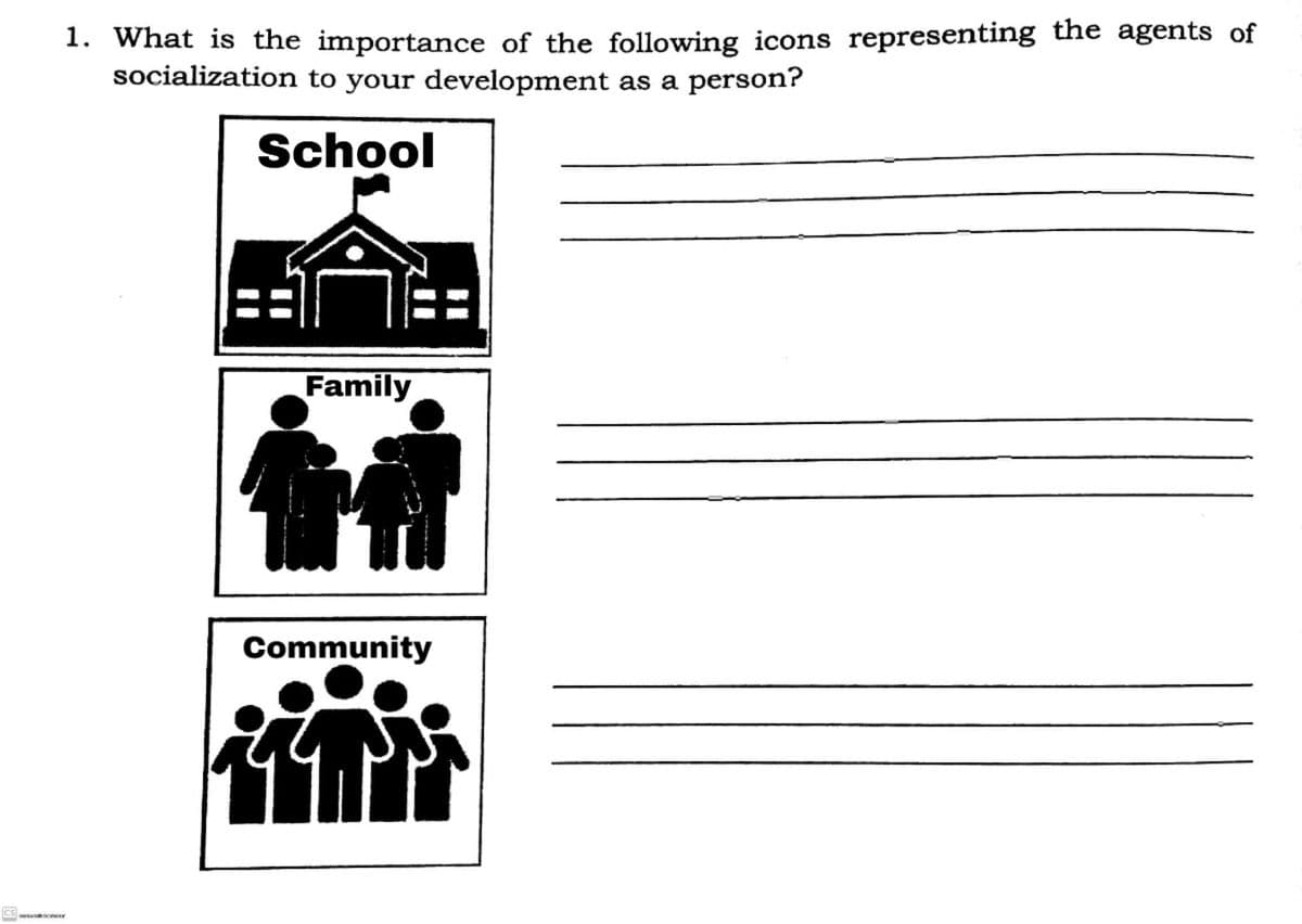 1. What is the importance of the following icons representing the agents of
socialization to your development as a person?
School
Family
Community
ICS oc
