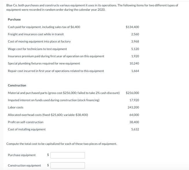 Blue Co. both purchases and constructs various equipment it uses in its operations. The following items for two different types of
equipment were recorded in random order during the calendar year 2020.
Purchase
Cash paid for equipment, including sales tax of $6,400
Freight and insurance cost while in transit
$134,400
2,560
Cost of moving equipment into place at factory
3,968
Wage cost for technicians to test equipment
5.120
Insurance premium paid during first year of operation on this equipment
1,920
Special plumbing fixtures required for new equipment
10.240
Repair cost incurred in first year of operations related to this equipment
1,664
Construction
Material and purchased parts (gross cost $256,000; failed to take 2% cash discount) $256,000
Imputed interest on funds used during construction (stock financing)
17,920
Labor costs
243,200
Allocated overhead costs (fixed-$25,600; variable-$38,400)
Profit on self-construction
Cost of installing equipment
64,000
38,400
5,632
Compute the total cost to be capitalized for each of these two pieces of equipment.
Purchase equipment
$
Construction equipment
$