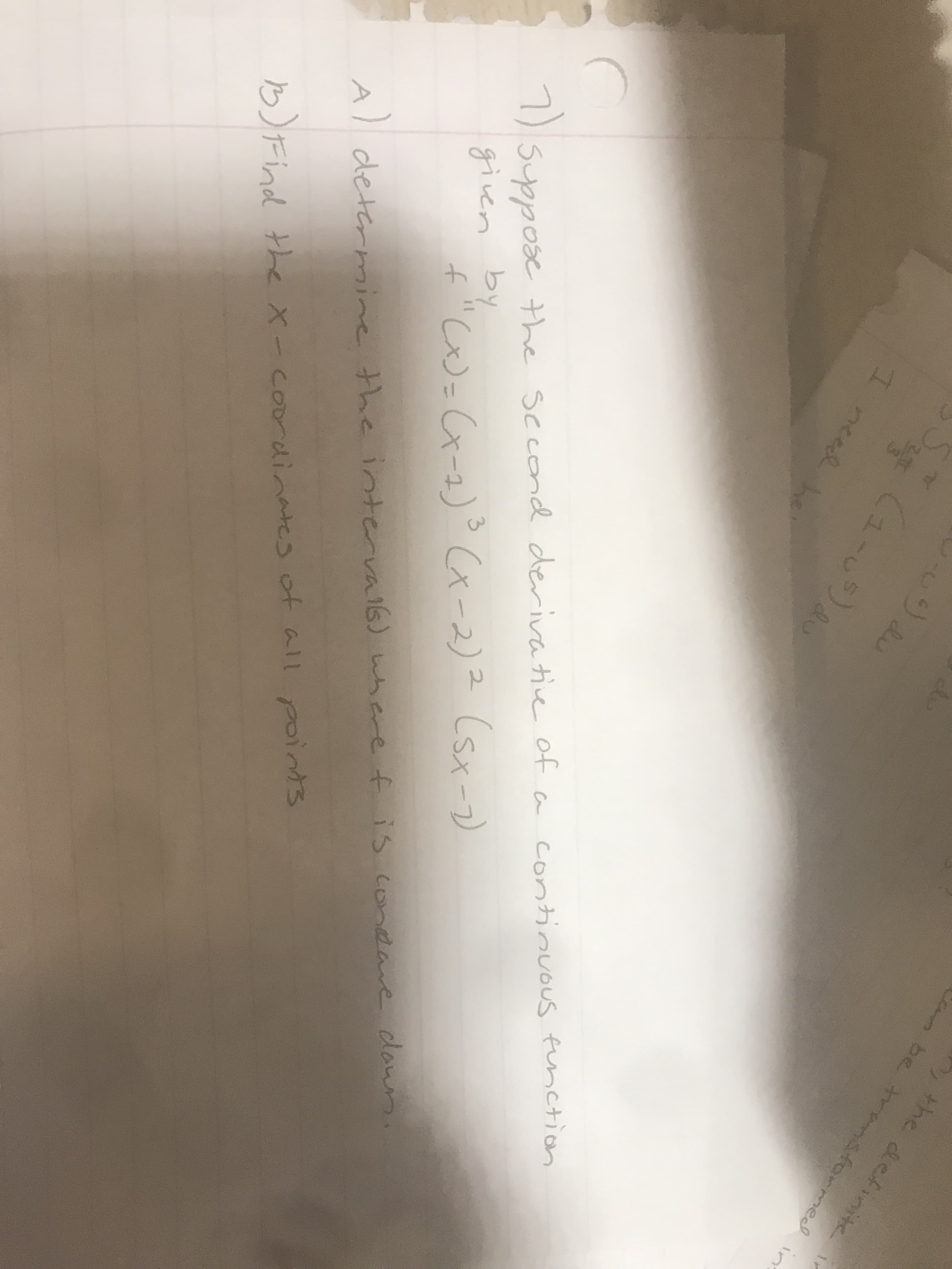 ythe definite in
1-
I need e
1) Syppose the second derivative of a contiouous function
(x-2):
given by
f "C)=G-2)3 Cx-2)2 (sx-)
A determine the interval6) where ff is condare donn.
B)Find thex-coordinates of all points
