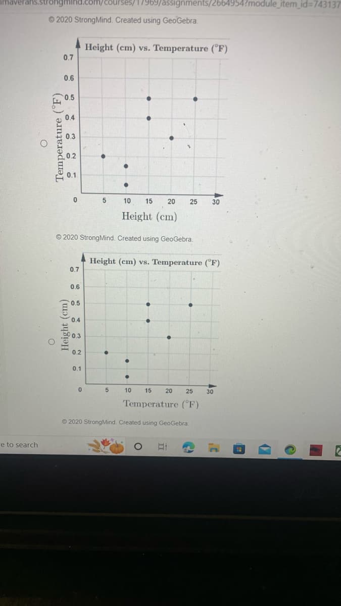 imaverans.strongmind.com/courses/1/969/assignments/2664954?module_item_id=743137
Ⓒ2020 StrongMind. Created using GeoGebra.
e to search
O
Temperature (°F)
0.7
0.6
0.5
0.4
0.3
0.2
0
Height (cm)
O
0.7
0.6
0.5
0.4
0.2
0.1
Height (cm) vs. Temperature (°F)
5
0
●
Ⓒ2020 StrongMind. Created using GeoGebra.
●
10
5
Height (cm)
15
●
●
20
O
V
Height (cm) vs. Temperature (°F)
●
10 15
Temperature (°F)
Ⓒ2020 Strong Mind. Created using GeoGebra.
B
25
30
20 25 30
G
(