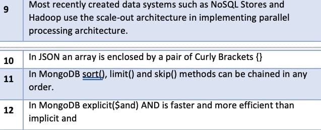 9
10
11
12
Most recently created data systems such as NoSQL Stores and
Hadoop use the scale-out architecture in implementing parallel
processing architecture.
In
In JSON an array is enclosed by a pair of Curly Brackets {}
In MongoDB sort(), limit() and skip() methods can be chained in any
order.
In MongoDB explicit($and) AND is faster and more efficient than
implicit and