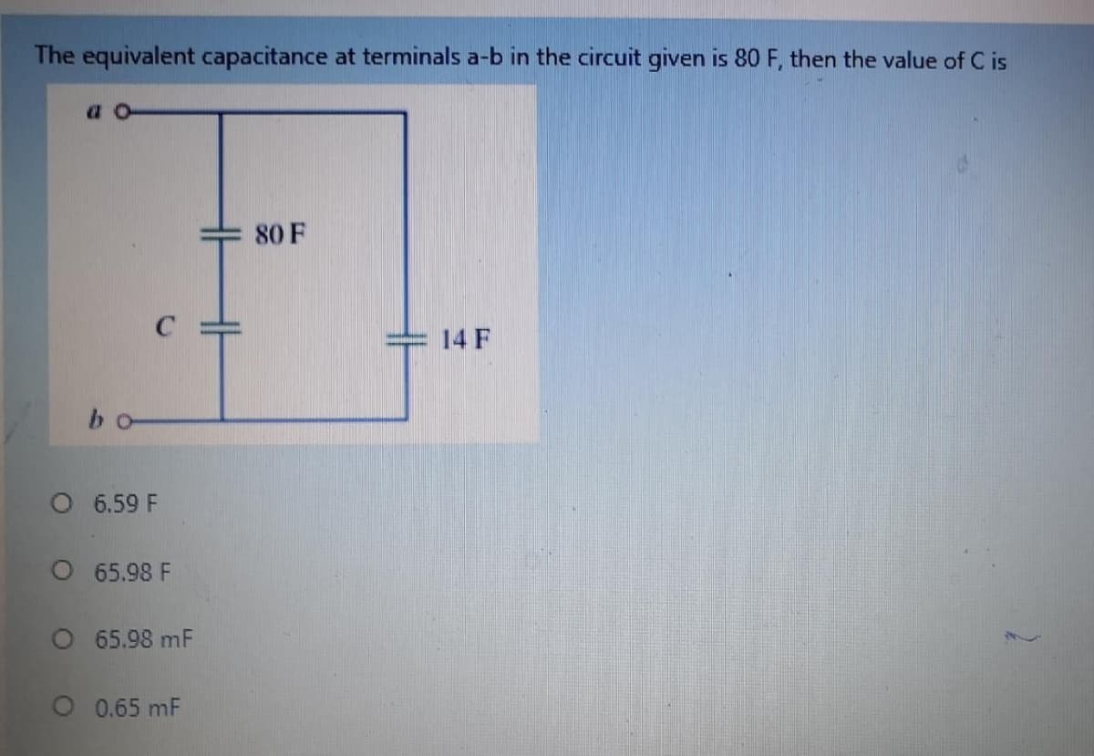 The equivalent capacitance at terminals a-b in the circuit given is 80 F, then the value of C is
a o
80 F
14 F
bo
O 6.59 F
O 65.98 F
O 65.98 mF
O 0.65 mF
