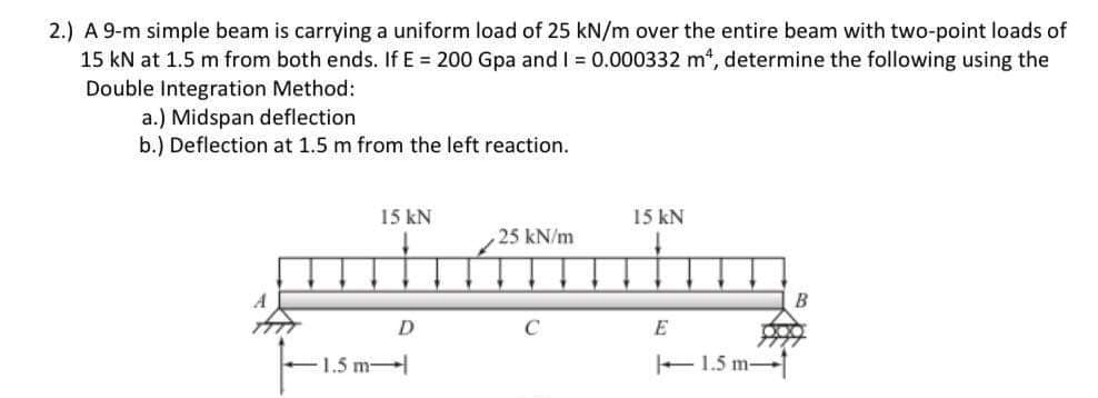 2.) A 9-m simple beam is carrying a uniform load of 25 kN/m over the entire beam with two-point loads of
15 kN at 1.5 m from both ends. If E = 200 Gpa and I = 0.000332 m, determine the following using the
Double Integration Method:
a.) Midspan deflection
b.) Deflection at 1.5 m from the left reaction.
15 kN
15 kN
25 kN/m
D
C
E
1.5 m
E1.5 m-
