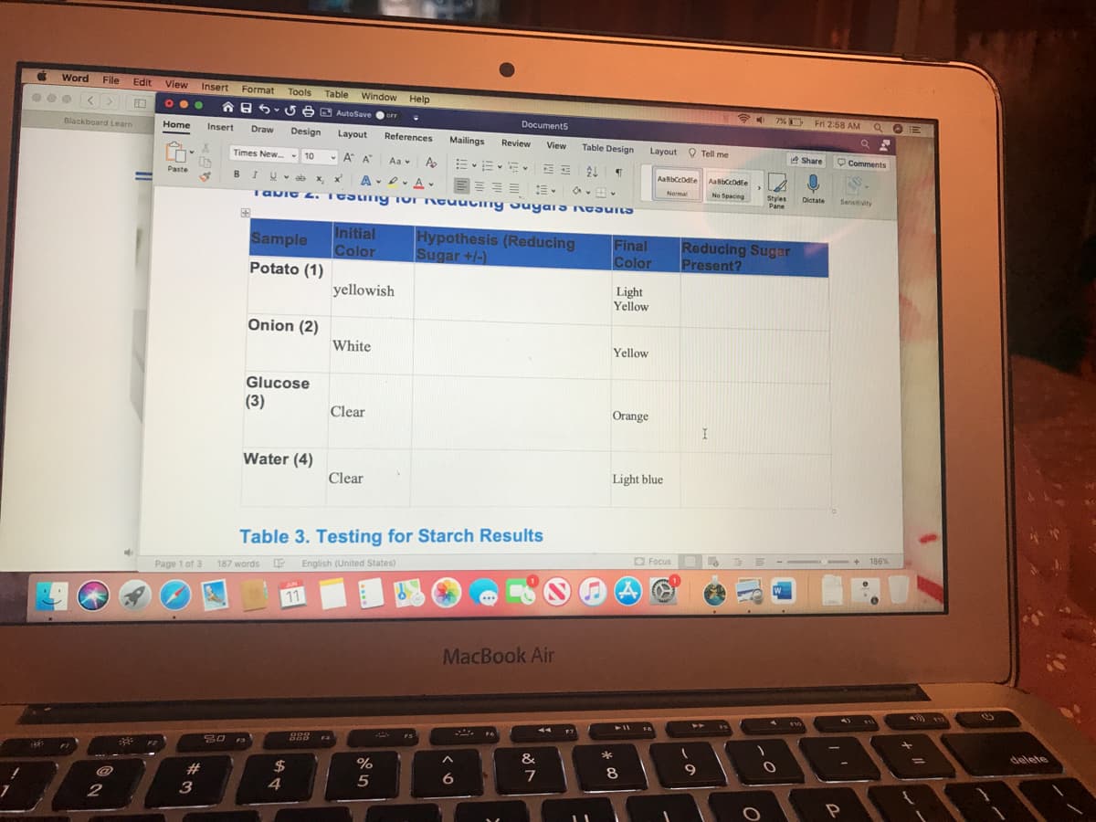 Word
File
Edit
View
Insert
Format
Tools
Table
Window
Help
... <>
A 8 5- U A B AutoSave
7%
D Fri 2:58 AM Q
oFF
Documents
Blackboard Learn
Home
Insert
Draw
Design
Layout
References
Mailings
Review
View
Table Design
Layout O Tell me
e Share
O Comments
Times New. 10
-A A Aa v
AaBbCcDdEe
AaBbCcDdFe
Paste
BIU-ab x,
A- D. A-
x'
Normal
No Spacing
Dictate
Styles
Pane
Sensitivity
Initial
Color
Hypothesis (Reducing
Sugar +/-)
Final
Color
Reducing Sugar
Present?
Sample
Potato (1)
yellowish
Light
Yellow
Onion (2)
White
Yellow
Glucose
(3)
Clear
Orange
Water (4)
Clear
Light blue
Table 3. Testing for Starch Results
+ 186%
O Focus
Page 1 of 3
187 words E English (United States)
11
MacBook Air
F6
FS
delete
F4
F2
&
%24
8
23
6.
4
