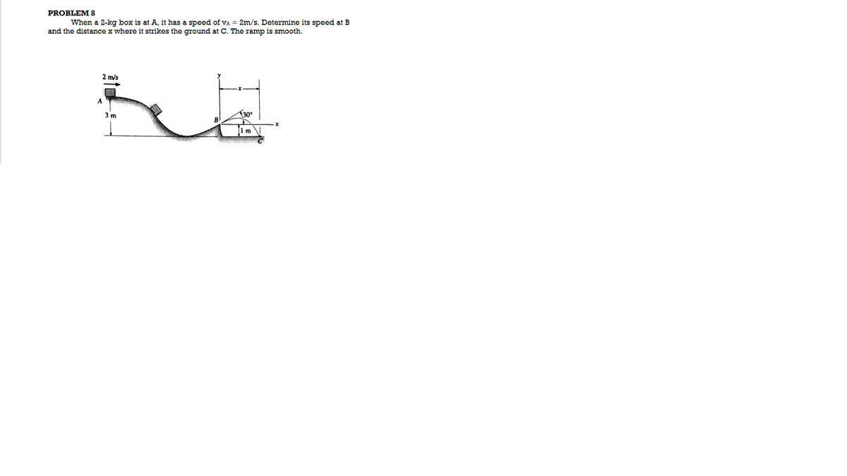 PROBLEM 8
When a 2-kg box is at A, it has a speed of VA = 2m/s. Determine its speed at B
and the distance x where it strikes the ground at C. The ramp is smooth.
2 m/s
A
r
3 m
130⁰
m