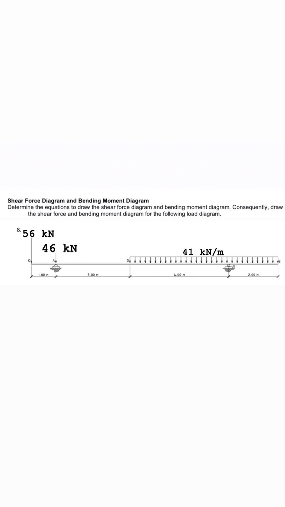 Shear Force Diagram and Bending Moment Diagram
Determine the equations to draw the shear force diagram and bending moment diagram. Consequently, draw
the shear force and bending moment diagram for the following load diagram.
8.
56 kN
46 kN
41 kN/m
1.00 M
3.00 M
4.00 M.
2.00 M
