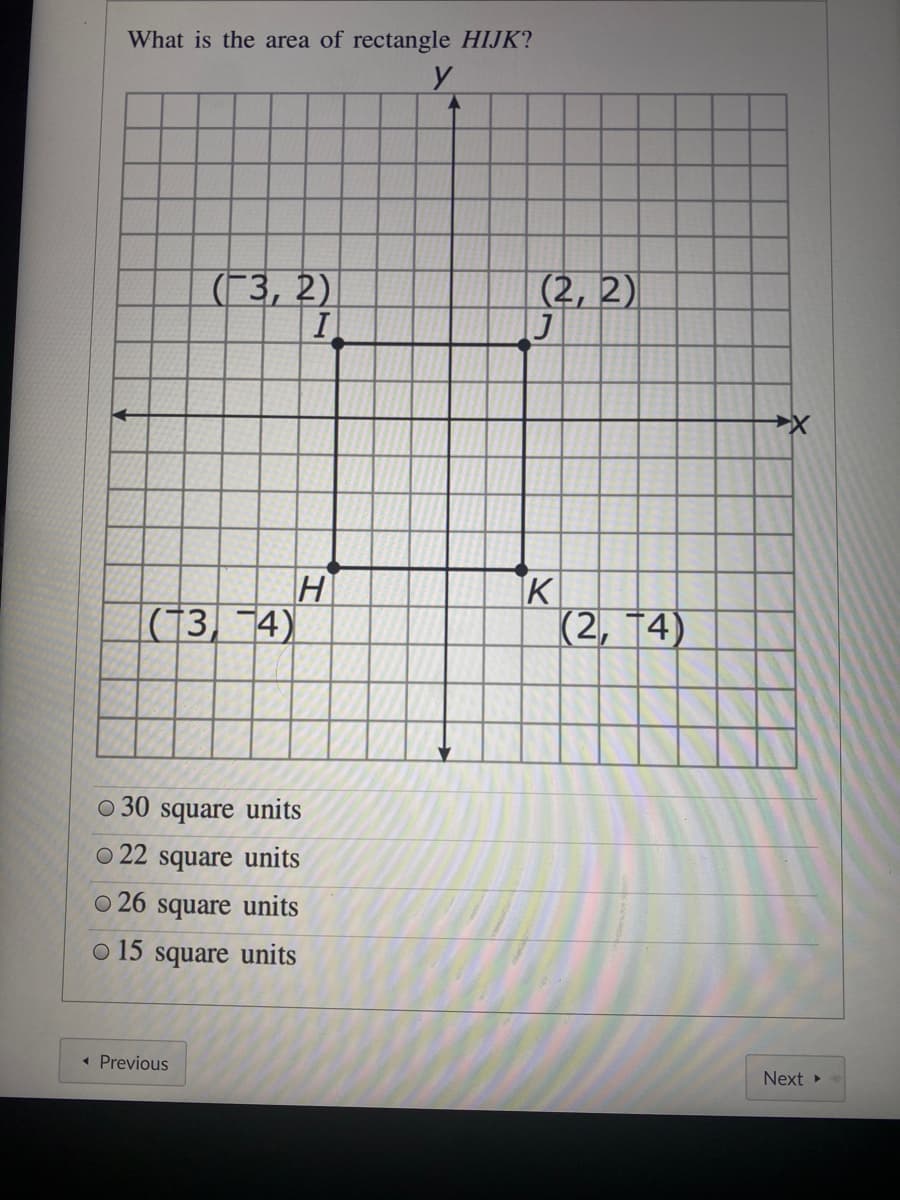 What is the area of rectangle HIJK?
(3, 2)
(2, 2)
(3, -4)
IK
К2, 14)
O 30 square units
O 22 square units
O 26 square units
o 15 square units
• Previous
Next
