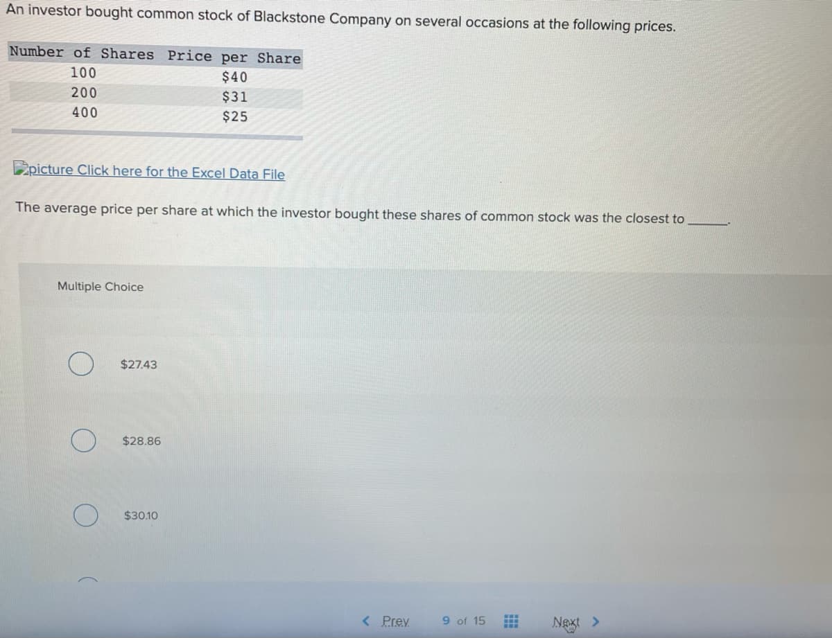 An investor bought common stock of Blackstone Company on several occasions at the following prices.
Number of Shares Price per Share
100
$40
200
$31
400
$25
picture Click here for the Excel Data File
The average price per share at which the investor bought these shares of common stock was the closest to
Multiple Choice
$27.43
$28.86
$30.10
< Prev
9 of 15
Naxt >
