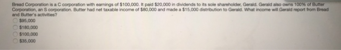 Bread Corporation is a C corporation with earnings of $100,000. It paid $20,000 in dividends to its sole shareholder, Gerald. Gerald also owns 100% of Butter
Corporation, an S corporation. Butter had net taxable income of $80,000 and made a $15,000 distribution to Gerald. What income will Gerald report from Bread
and Butter's activities?
$95,000
$180,000
$100,000
$35,000