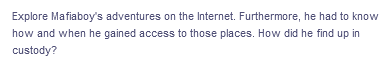 Explore Mafiaboy's adventures on the Internet. Furthermore, he had to know
how and when he gained access to those places. How did he find up in
custody?