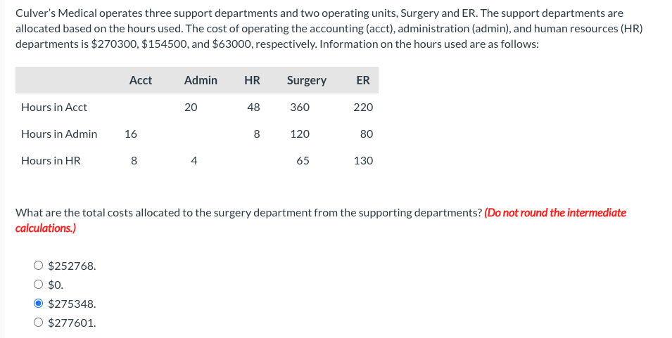 Culver's Medical operates three support departments and two operating units, Surgery and ER. The support departments are
allocated based on the hours used. The cost of operating the accounting (acct), administration (admin), and human resources (HR)
departments is $270300, $154500, and $63000, respectively. Information on the hours used are as follows:
Hours in Acct
Hours in Admin
Hours in HR
Acct
O $252768.
$0.
$275348.
$277601.
16
8
Admin HR
48
20
4
8
Surgery ER
360
120
65
220
80
130
What are the total costs allocated to the surgery department from the supporting departments? (Do not round the intermediate
calculations.)